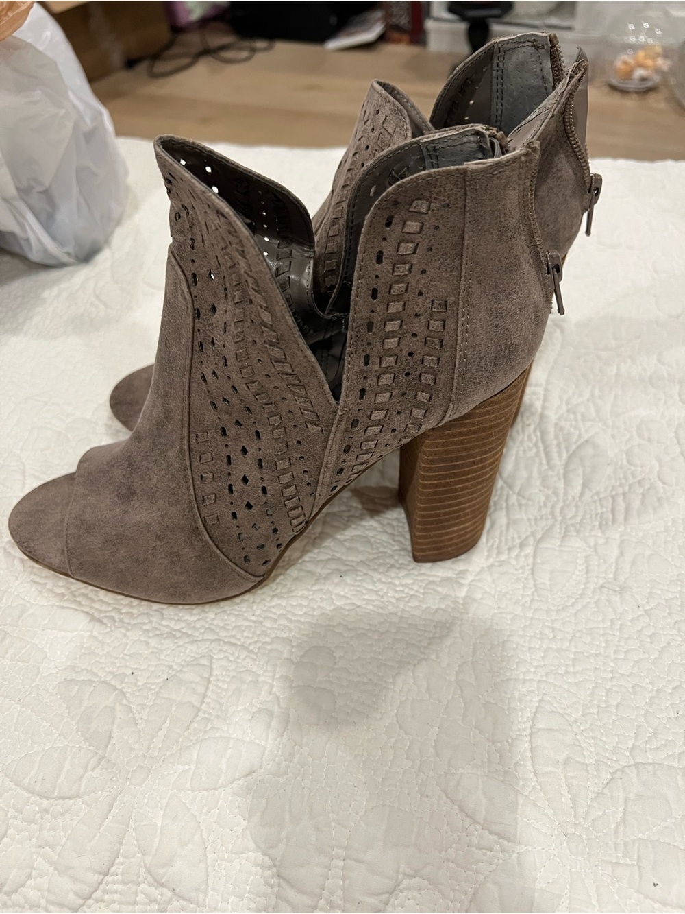 Suede Cutout Peep-Toe Booties - Taupe